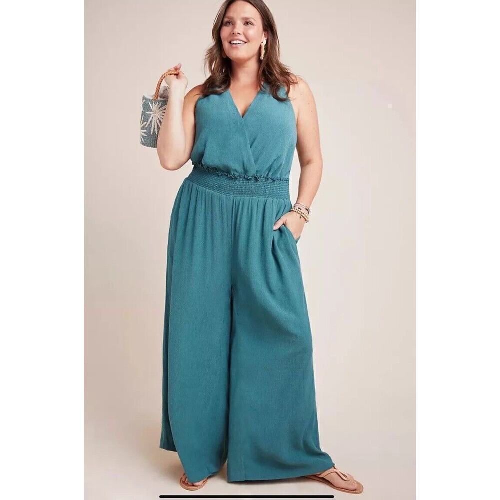 By Anthropologie Bionda Plisse Jumpsuit Size M Turquoise Long Boho